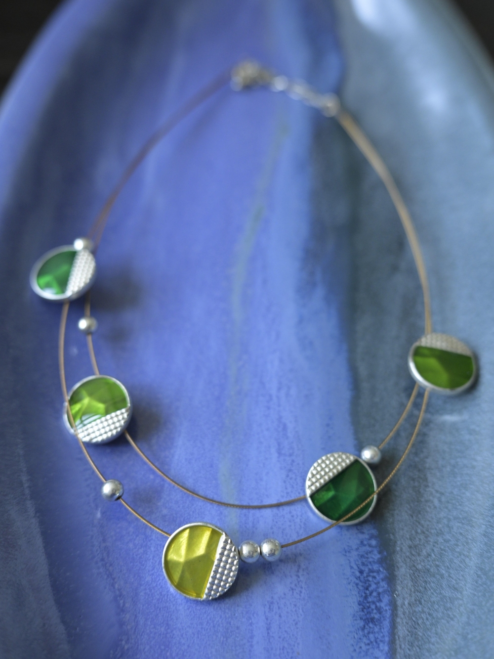 Green Two-Tone Round Pendant Double Strand Necklace